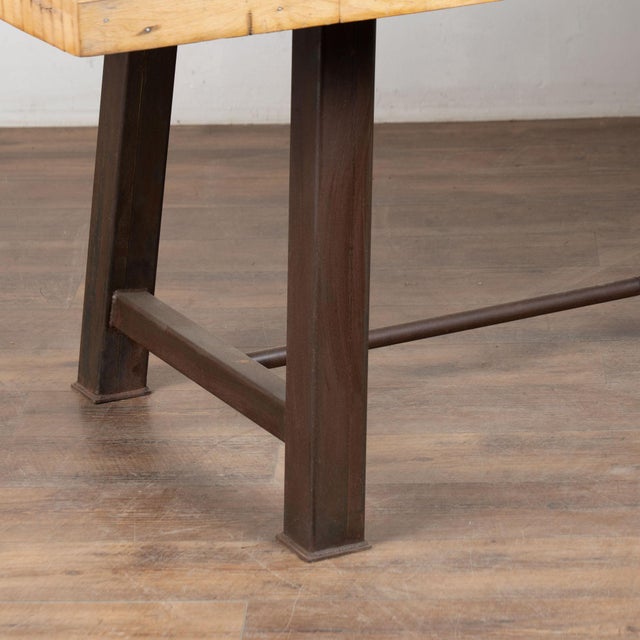 Reclaimed Bowling Lane Wood Top Industrial Dining or Work Table For Sale - Image 9 of 13