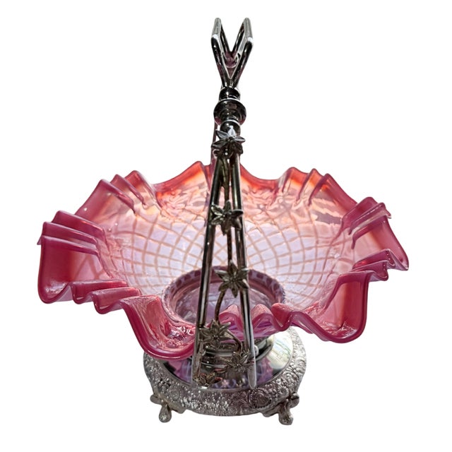 Antique 19th Century Victorian Cranberry Glass & Wilcox Silver Plate Co. Bride's Basket An exquisite, complete Victorian...