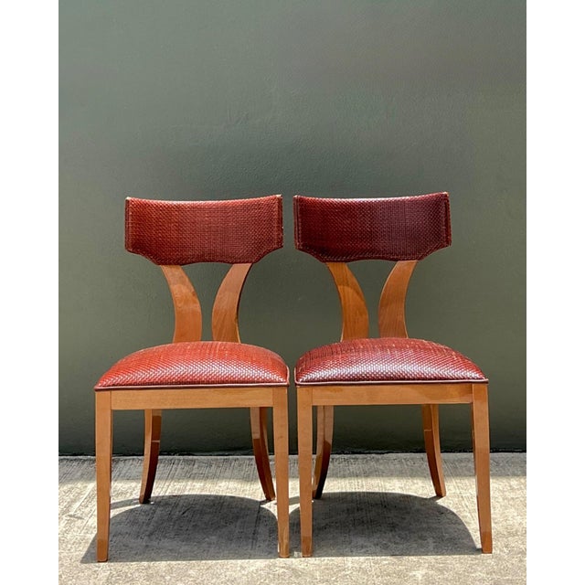 Vintage Wood and Woven Leather Klismos Dining Chairs - Pair For Sale In West Palm - Image 6 of 14