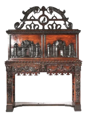 Highly Hand Carved 19th Century Mahogany Sideboard Cabinet