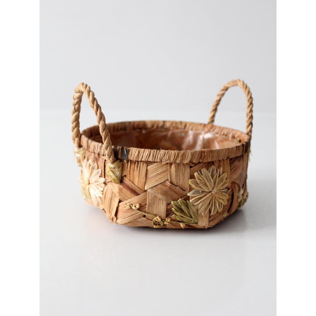 Vintage Handmade Floral Raffia Basket With Braided Handles For Sale - Image 9 of 13