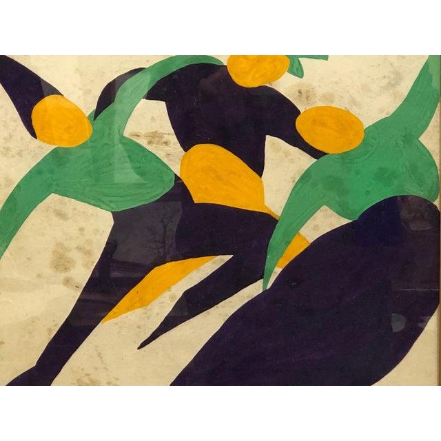 This original acrylic painting on paper features Art Deco–style figures in motion, dressed in vibrant green and black...