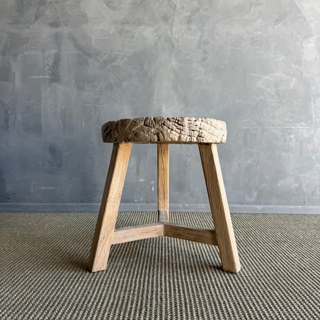 Mid-Century Modern Vintage Elm Wood Wheel Side Table #E90 For Sale - Image 3 of 8