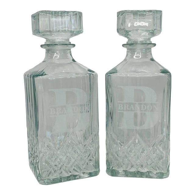 Vintage 1960s Brandon Square Glass Decanters- a Pair For Sale