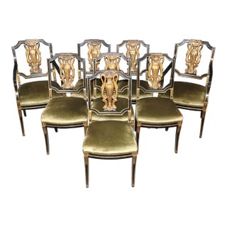 19th C. Set of 8 Italian Neoclassical Ebonized Gilt Dining Room Chairs For Sale
