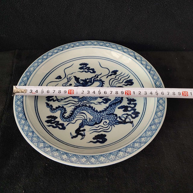 Chinese Ceramic Plate,Xuande Marked Blue and White Porcelain Plate Hand Painted Dragon Pattern For Sale - Image 9 of 10