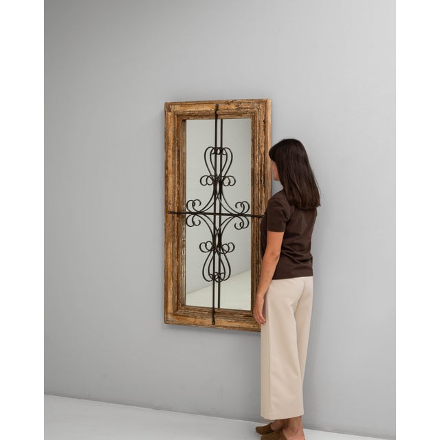 French Provincial 1900s French Wood Patinated Mirror With Wrought Iron Details For Sale - Image 3 of 18