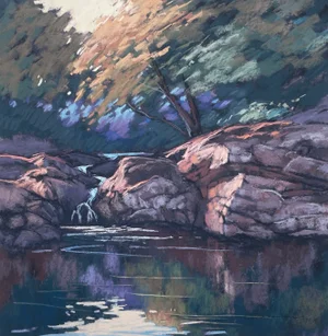 Waterfall Under Tree Canopies, Contemporary Impressionist, Iris Giclee, Artist Dianne Grammar