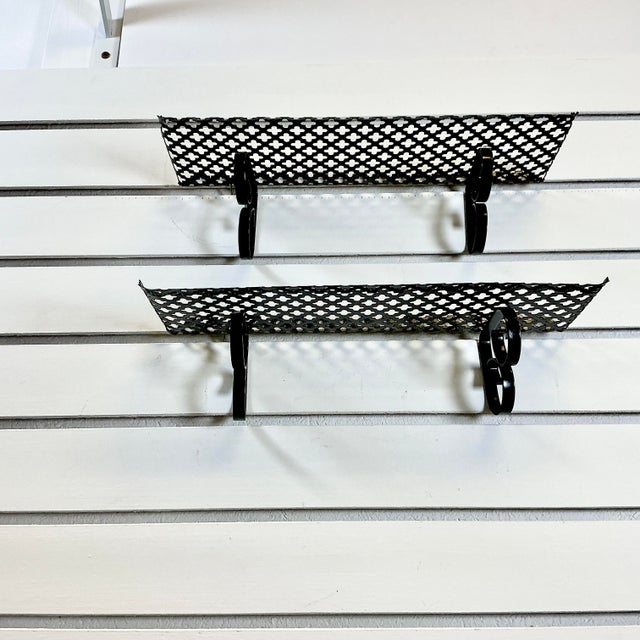 1960s Mid-Century Modern Boho Chic Pierced Metal Wall Mounted Shelves - A Pair. For Sale - Image 6 of 16
