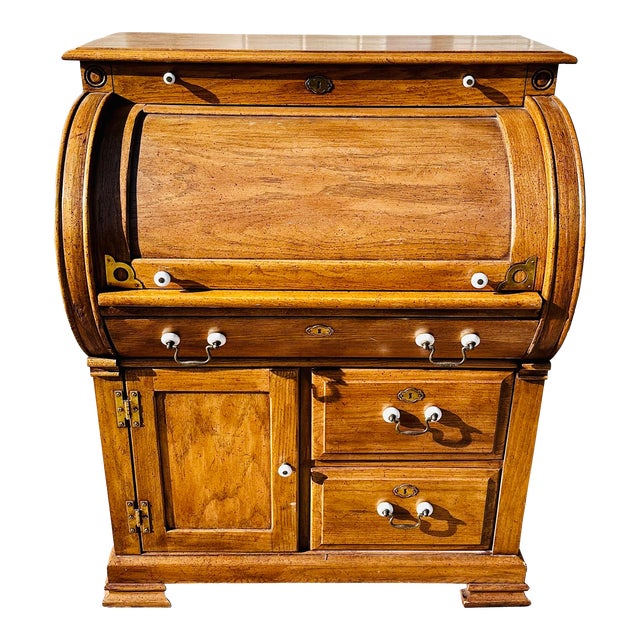 1980s Vintage Riverside Furniture Oak Roll Top Secretary Desk With