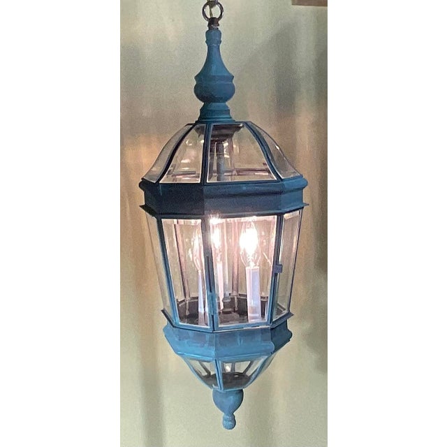 Vintage Verdigris Solid Brass Hexagonal Hanging Lantern – 29”x 11” For Sale - Image 4 of 14