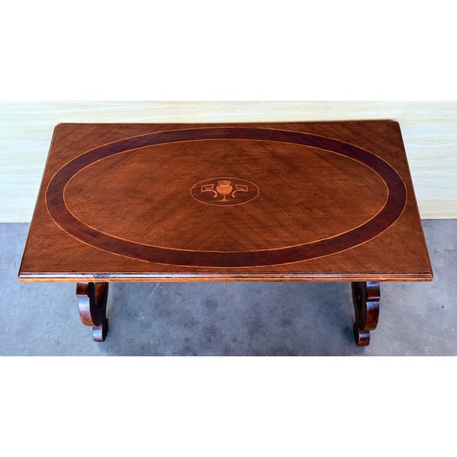 Spanish Early 20th Century Spanish rectangular coffee table with lyre Legs and marquetry top For Sale - Image 3 of 18