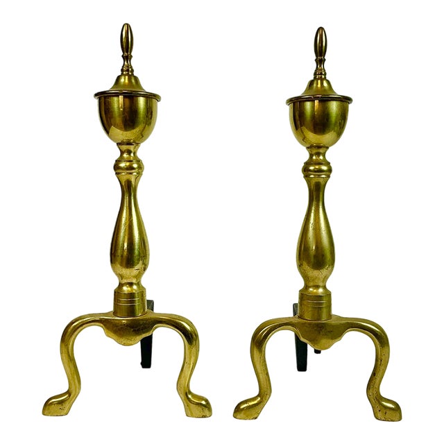 Mid-Century Traditional Federal Arts & Crafts Brass Andirons - A Pair For Sale