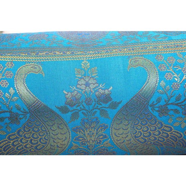 1990s Bolster Pillows Turquoise Blue and Gold Colors with Peacock - A Pair For Sale - Image 5 of 13