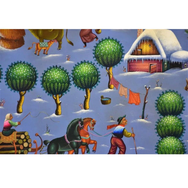 Ljubomir Milinkov, Folk Art Naive Oil Painting Ljubomir Milinkov Whimsical Pastoral Farm Landscape For Sale - Image 11 of 18