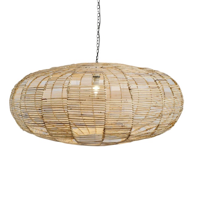 Natural skin rattan UFO shaped round hanging lantern with eye-catching spider web patterns. Each may have slight...
