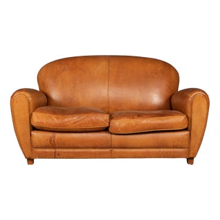 French 2-Seater Tan Sheepskin Leather Sofa For Sale