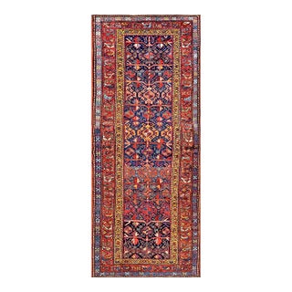 1890s Blue Navy Geometric Tribal Antique N.w. Persian Rug 3'8" X 9'4" Handwoven Wool Carpet For Sale