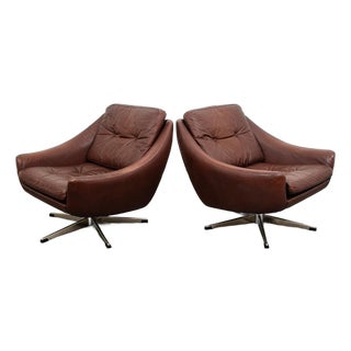 Mid Century Danish Modern Lounge Chairs Swivel Brown Leather Armchair Vintage Vg For Sale