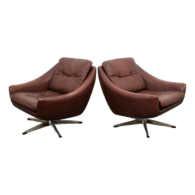 Mid Century Danish Modern Lounge Chairs Swivel Brown Leather Armchair Vintage Vg For Sale