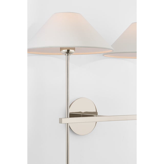 Modern J. Randall Powers for Visual Comfort Signature Hackney 25" Double Tail Sconce in Polished Nickel with Linen Shades For Sale - Image 3 of 6