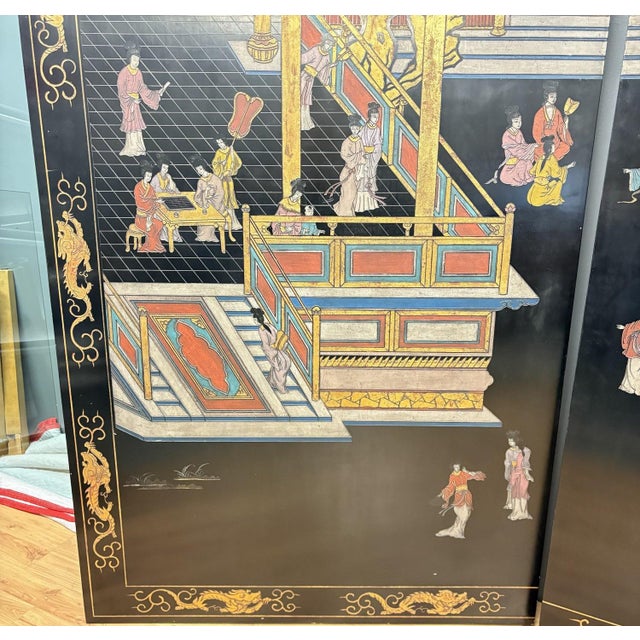 Wood Extraordinary 8-Foot Maitland-Smith 3-Panel Chinoiserie Coromandel Style Lacquer Screen For Sale - Image 7 of 10