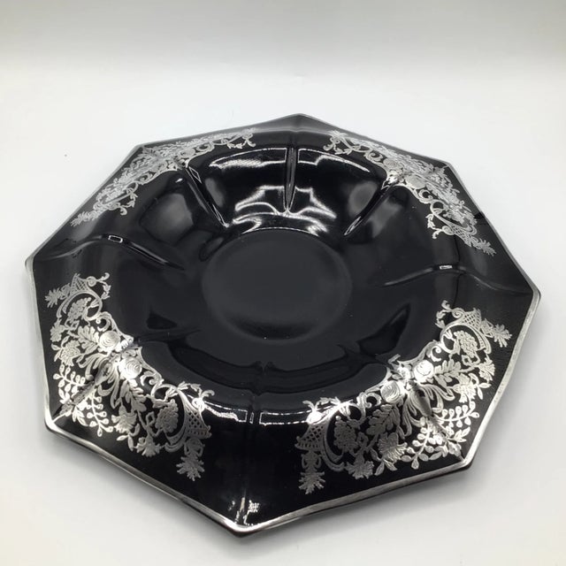 Art Deco Early 20th Century Rockwell Floral Sterling Silver Black Amethyst Footed Glass Bowl and Pair of Candle Holders-Set of 3 For Sale - Image 3 of 13