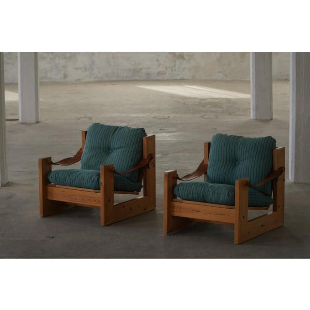 Swedish Modern Pine Lounge Chairs with Leather Armrests, 1970s, Set of 2 For Sale - Image 13 of 18