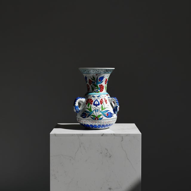 White Handmade Ceramic “Kandil” Vase (20cm) – Traditional Mosque Lamp Shape with Red Tulips – Handled Iznik Decor For Sale - Image 8 of 8