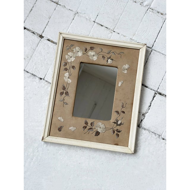Wood Antique Small-Scale Silk Floral Embroidered Linen Mat Mirror, Circa 1920s-30s For Sale - Image 7 of 15