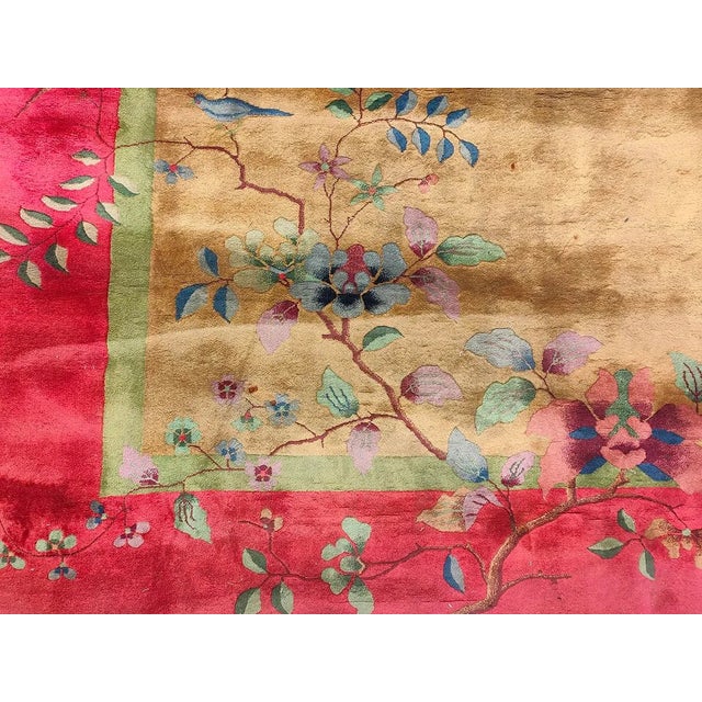 Bronze 1920s Yellow Gold Floral Antique Chinese Art Deco Carpet 9' X 11'8" Knotted Wool Rug For Sale - Image 8 of 11