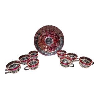 Vintage Mid-Century Modern Indiana Glass "Garland" Ruby Flash Comport Bowl & Matching Cups - 9 Pieces For Sale