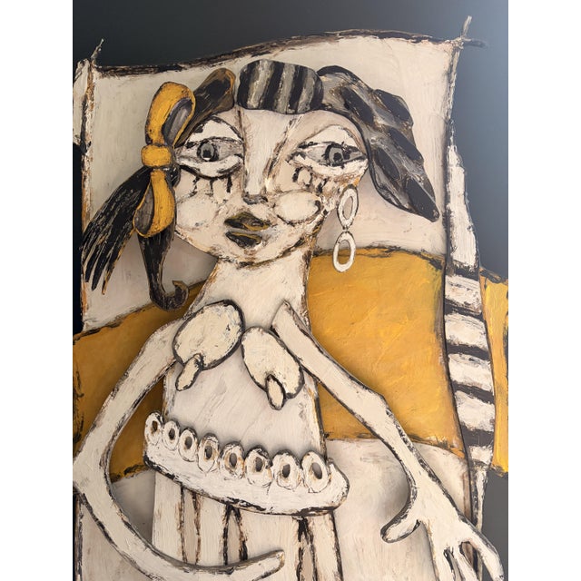 Large original mixed-media work by French painter Jean-Claude Tardivo (b. 1935), "Le ruban jaune", 2004. A cut-cardboard...