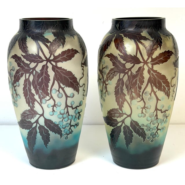 Blue Pair of Stunning French Cameo Glass Vases in the Style of Gallé For Sale - Image 8 of 14