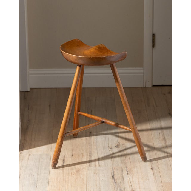 Wood Vintage Scandinavian Modern Sculptural Beech Tripod Stool For Sale - Image 7 of 17