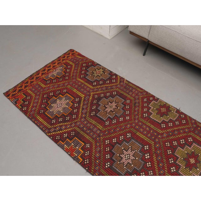1970s Vintage Handmade Wool Cotton Red Cicim Kilim Runner Rug For Sale - Image 4 of 11
