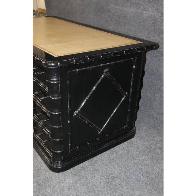Mid 20th Century Three Piece Faux Bamboo English Leather Top Executive Desk For Sale - Image 5 of 11
