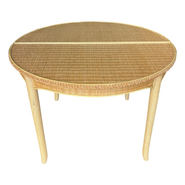 Vintage 1980s Coastal Rattan Round Dining Table in the Style of Henry Link For Sale