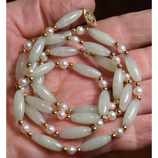 Vintage Barrel Jade & Pearl 14k Beaded 26" Necklace For Sale - Image 13 of 17