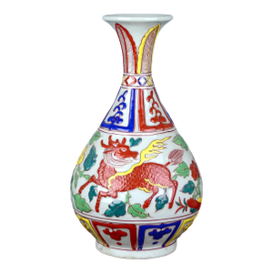 Chinese Vintage Ceramic Vase,Ming Dynasty Xuande Marked Blue and White Underglaze Red Porcelain Yuhuchun Vase Hand Painted Kylin Phoenix Pattern