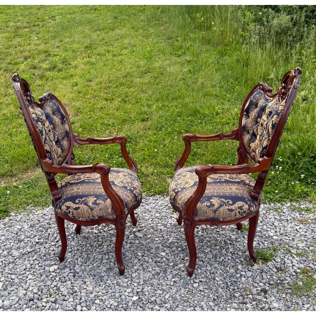 Wood Pair Antique French Rococo Fireside Arm Chairs For Sale - Image 7 of 12
