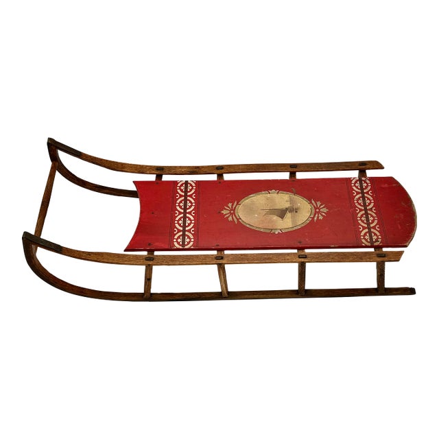 Outstanding Late 19th Century Antique American Hand Painted Steam Bent Oak Childs Snow Sled For Sale
