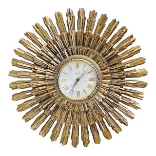 Syroco Mid 20th Century Modern Starburst Wall Clock in Antique Gold Finish For Sale