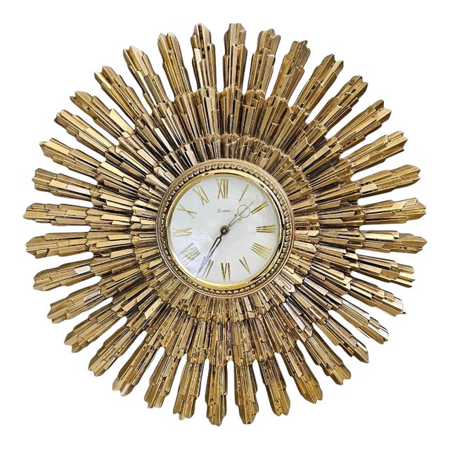 Syroco Mid 20th Century Modern Starburst Wall Clock in Antique Gold Finish For Sale