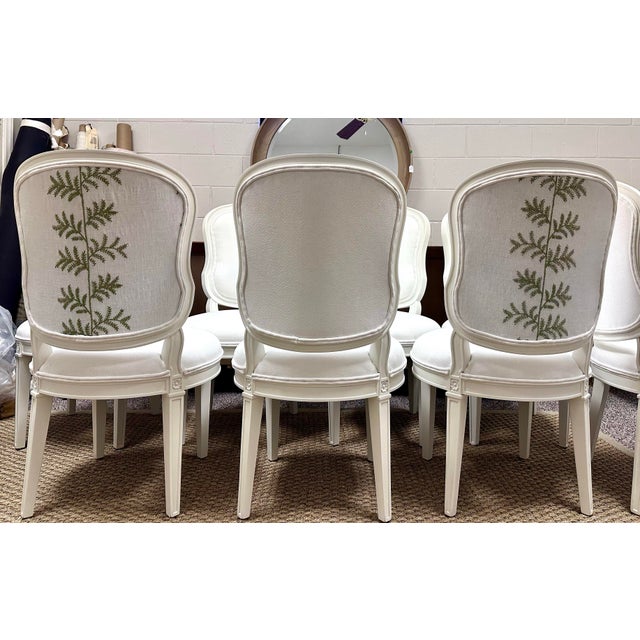 Set of 8 Louis XVI Style White Upholstered Dining Chairs For Sale - Image 10 of 12