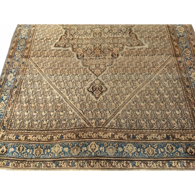 Tan Antique Persian Senneh Area Rug, Hand-Knotted Wool, Paisley Medallion Pattern, Chocolate Brown & Light Blue, 4x7 For Sale - Image 8 of 13
