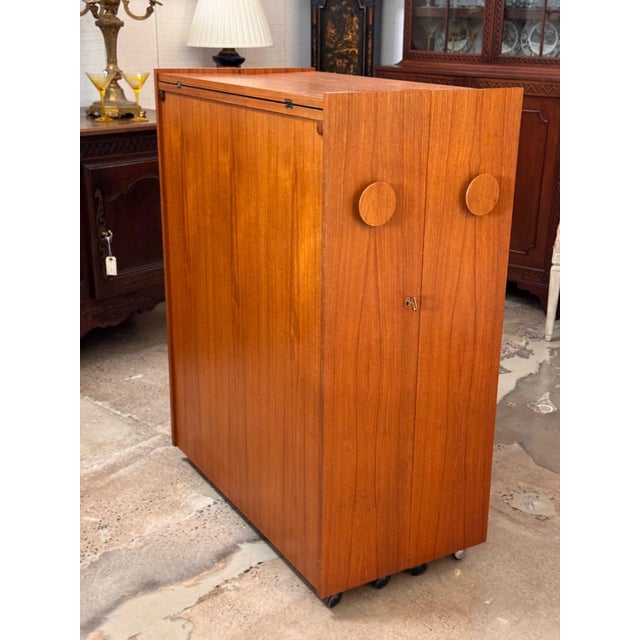 Mid Century Modern Teak Folding Bar With Red Interior For Sale - Image 10 of 14