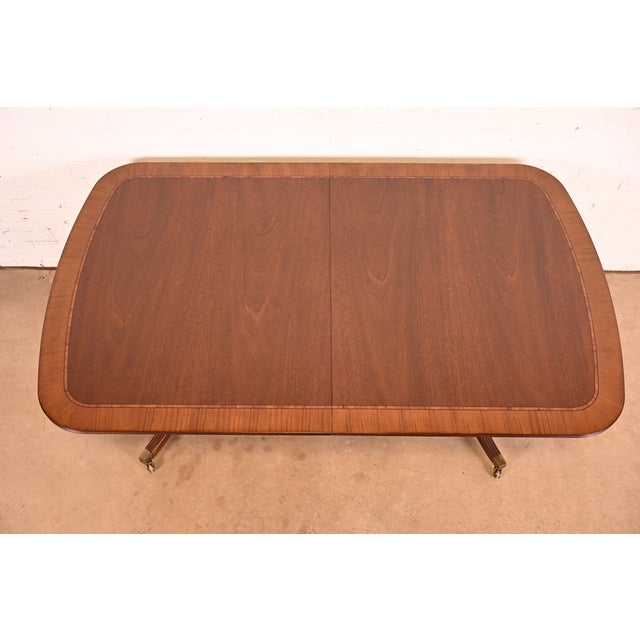 Baker Furniture Georgian Banded Mahogany Double Pedestal Extension Dining Table | Newly Refinished For Sale - Image 9 of 13