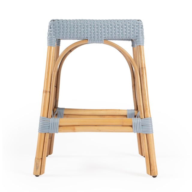 2020s Robias 24.5 in. Seat Height Rectangular Rattan Backless Counter Stool with Footrest, Baby Blue/ Natural Rattan Frame For Sale - Image 5 of 9