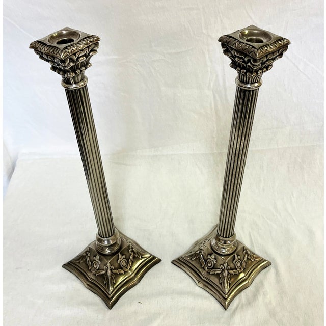 Silver Vintage Large Corinthian Style Silverplate Candlesticks- a Pair For Sale - Image 8 of 10